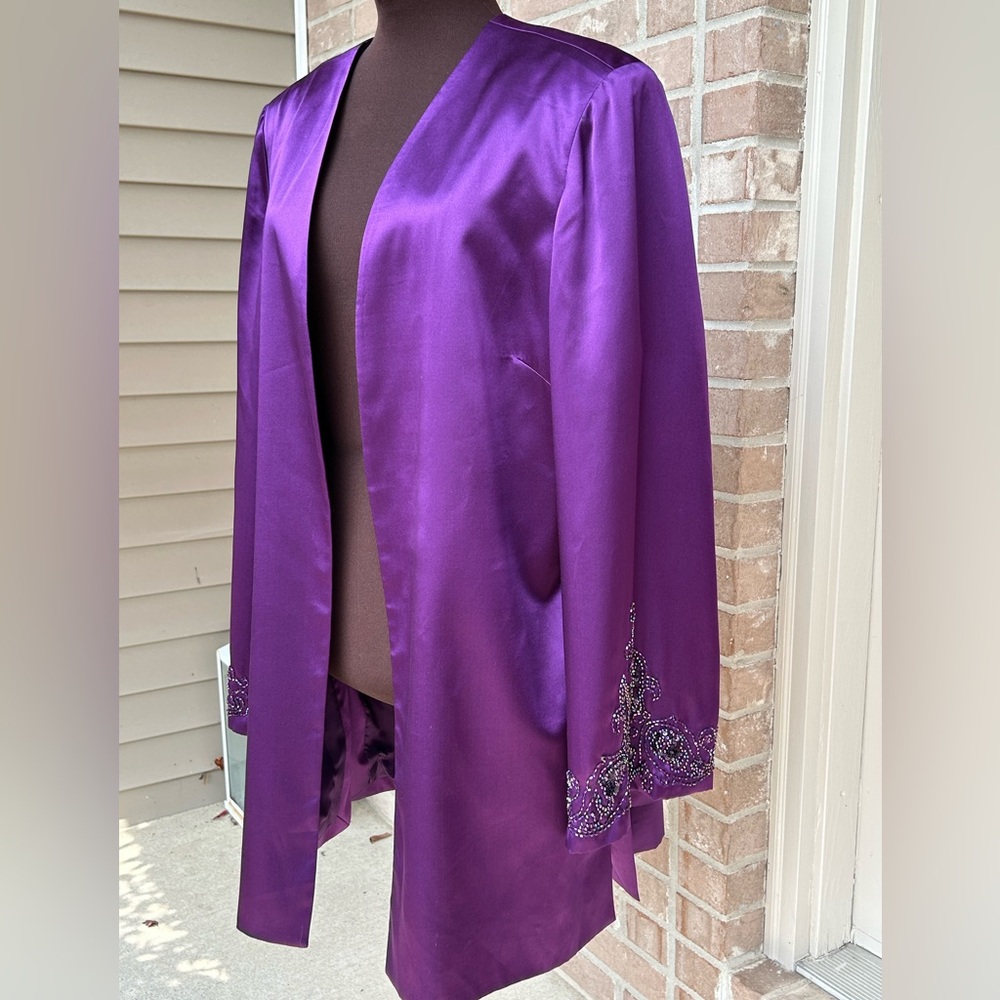 Women's Purple Satin Open Blazer with Beaded Cuff Detail